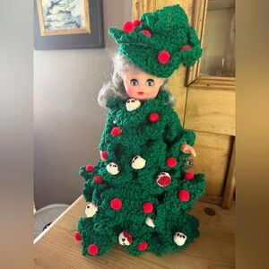 Super creepy kitschy handmade Christmas tree doll. White elephant gift. Upcycle